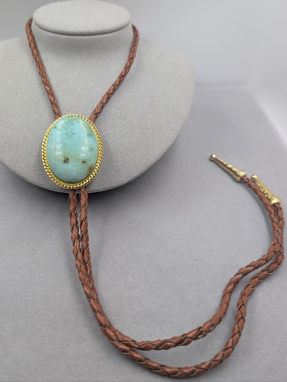 Vintage Blue Green Stone Bolo Tie Brown Braided Leather Gold Tone | 1215
